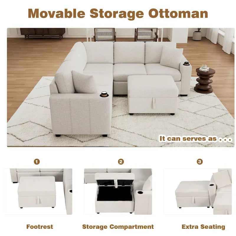 Canapé d'angle convertible en L, canapé inclinable avec 2 ports USB, 2 prises de courant et pouf de rangement mobile