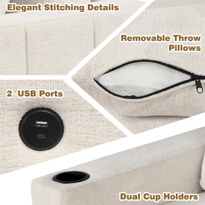 Canapé d'angle convertible en L, canapé inclinable avec 2 ports USB, 2 prises de courant et pouf de rangement mobile