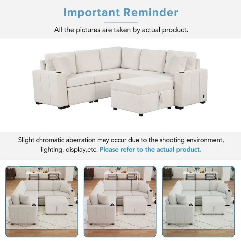 Canapé d'angle convertible en L, canapé inclinable avec 2 ports USB, 2 prises de courant et pouf de rangement mobile
