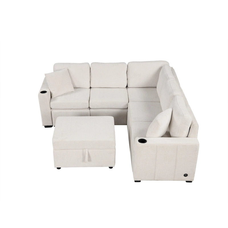 Canapé d'angle convertible en L, canapé inclinable avec 2 ports USB, 2 prises de courant et pouf de rangement mobile