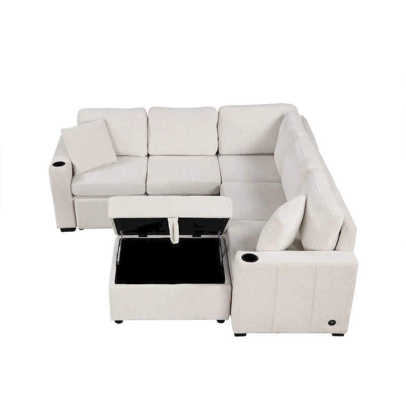 Canapé d'angle convertible en L, canapé inclinable avec 2 ports USB, 2 prises de courant et pouf de rangement mobile