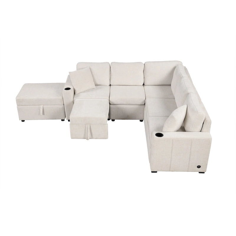 Canapé d'angle convertible en L, canapé inclinable avec 2 ports USB, 2 prises de courant et pouf de rangement mobile