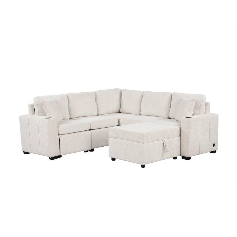 Canapé d'angle convertible en L, canapé inclinable avec 2 ports USB, 2 prises de courant et pouf de rangement mobile