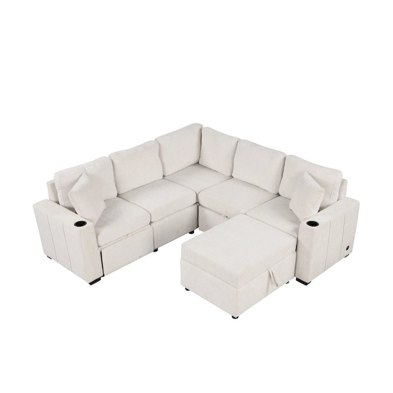 Canapé d'angle convertible en L, canapé inclinable avec 2 ports USB, 2 prises de courant et pouf de rangement mobile