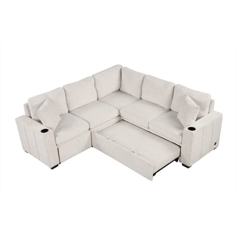 Canapé d'angle convertible en L, canapé inclinable avec 2 ports USB, 2 prises de courant et pouf de rangement mobile