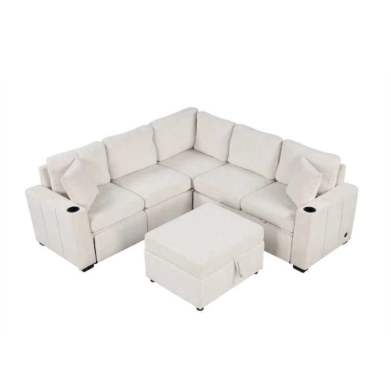 Canapé d'angle convertible en L, canapé inclinable avec 2 ports USB, 2 prises de courant et pouf de rangement mobile