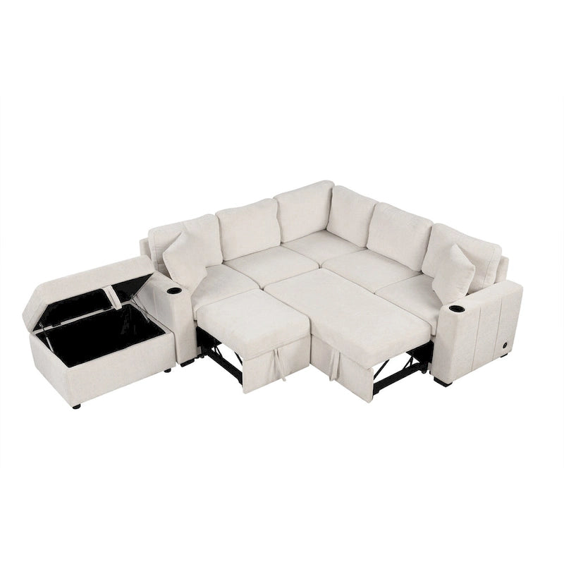 Canapé d'angle convertible en L, canapé inclinable avec 2 ports USB, 2 prises de courant et pouf de rangement mobile
