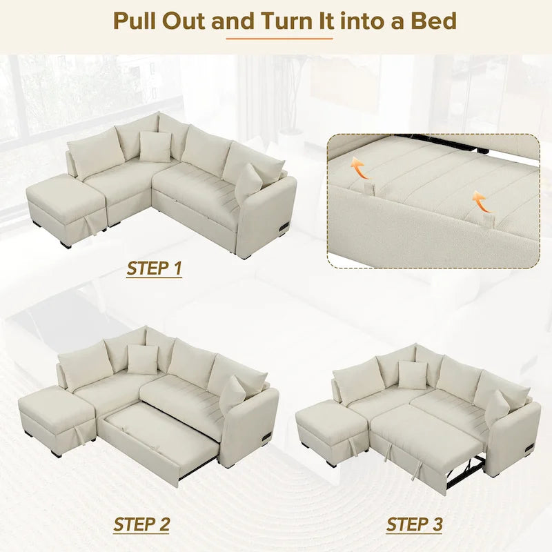 Canapé d'angle convertible en L, canapé inclinable avec 2 ports USB, 2 prises de courant et pouf de rangement mobile