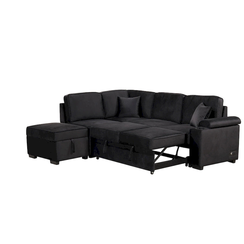 Canapé d'angle convertible en L, canapé inclinable avec 2 ports USB, 2 prises de courant et pouf de rangement mobile