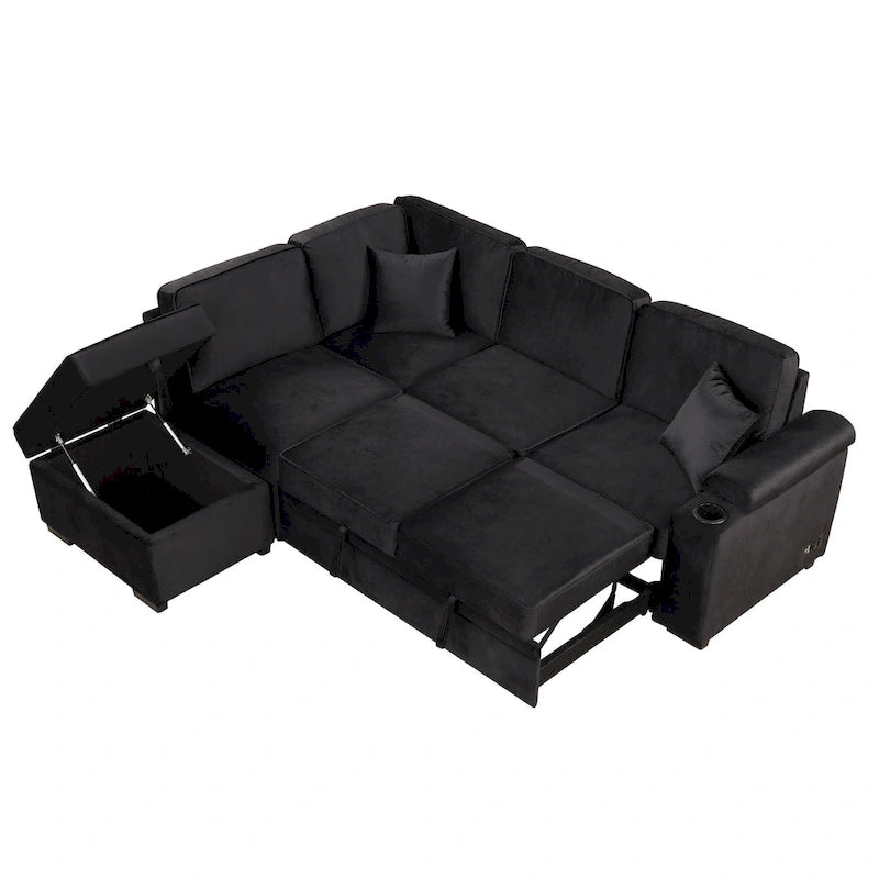 Canapé d'angle convertible en L, canapé inclinable avec 2 ports USB, 2 prises de courant et pouf de rangement mobile