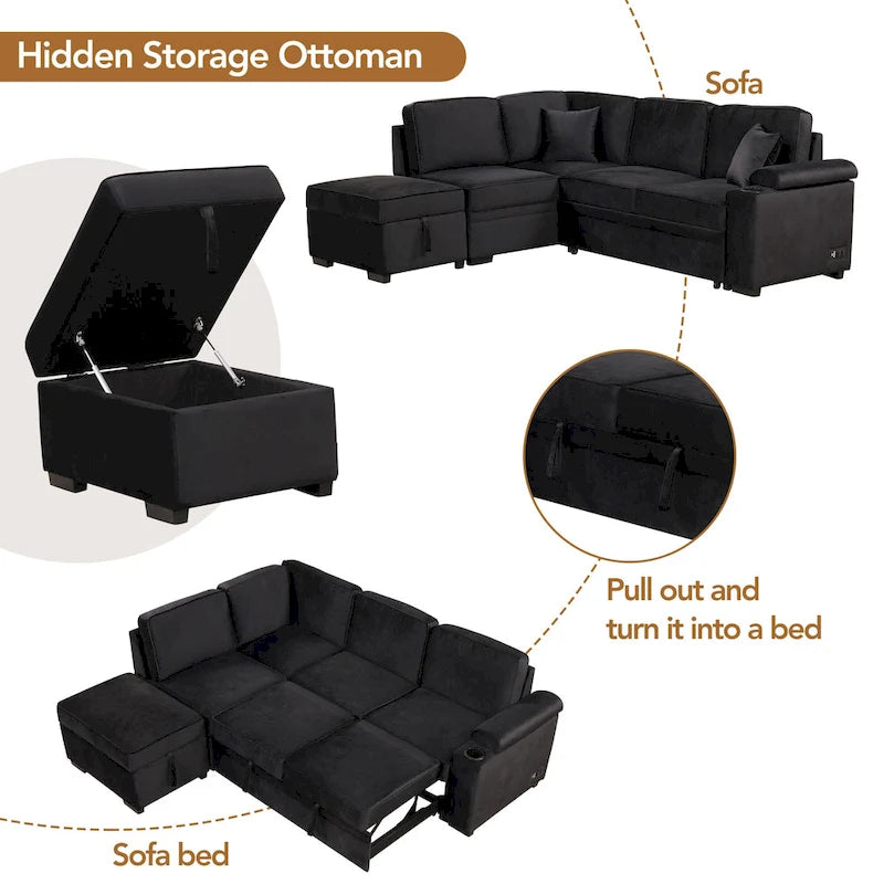 Canapé d'angle convertible en L, canapé inclinable avec 2 ports USB, 2 prises de courant et pouf de rangement mobile