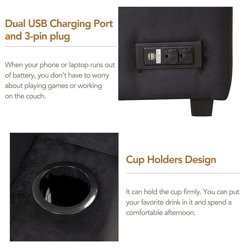 Canapé d'angle convertible en L, canapé inclinable avec 2 ports USB, 2 prises de courant et pouf de rangement mobile