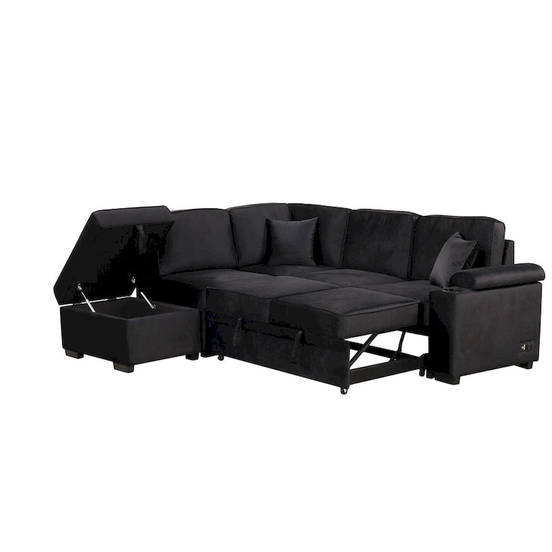 Canapé d'angle convertible en L, canapé inclinable avec 2 ports USB, 2 prises de courant et pouf de rangement mobile