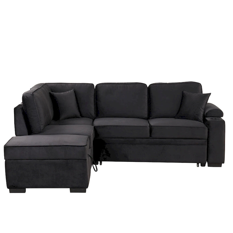 Canapé d'angle convertible en L, canapé inclinable avec 2 ports USB, 2 prises de courant et pouf de rangement mobile