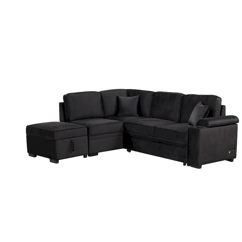 Canapé d'angle convertible en L, canapé inclinable avec 2 ports USB, 2 prises de courant et pouf de rangement mobile