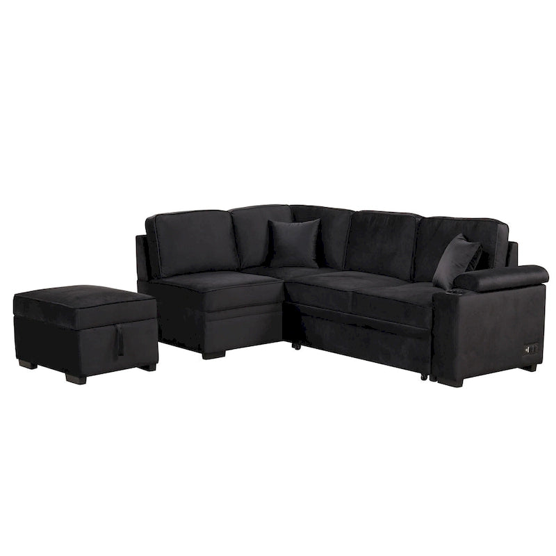 Canapé d'angle convertible en L, canapé inclinable avec 2 ports USB, 2 prises de courant et pouf de rangement mobile