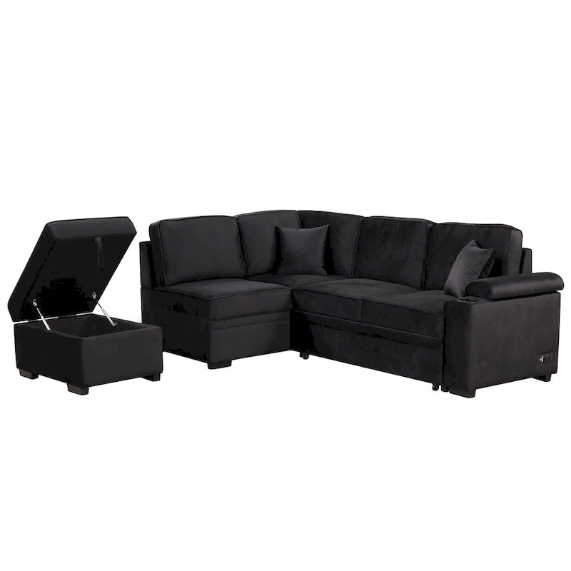 Canapé d'angle convertible en L, canapé inclinable avec 2 ports USB, 2 prises de courant et pouf de rangement mobile
