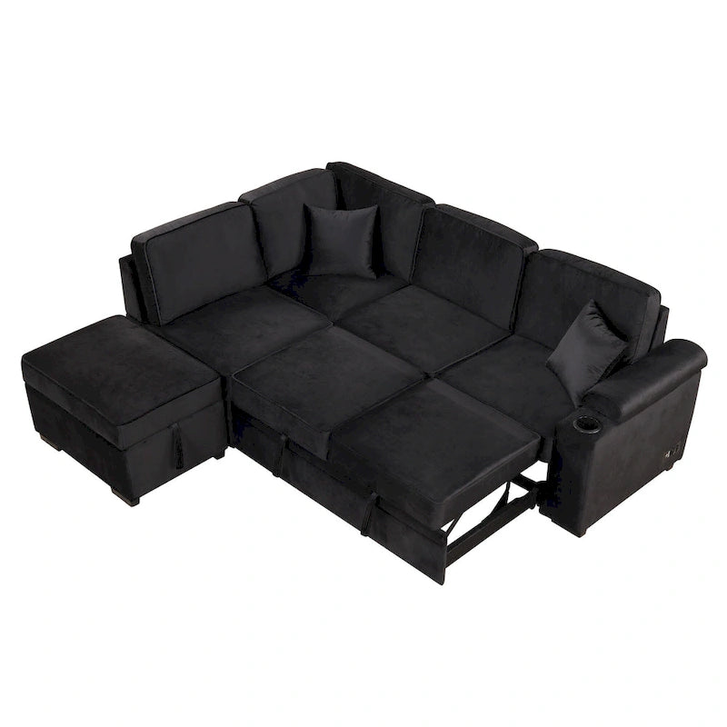 Canapé d'angle convertible en L, canapé inclinable avec 2 ports USB, 2 prises de courant et pouf de rangement mobile