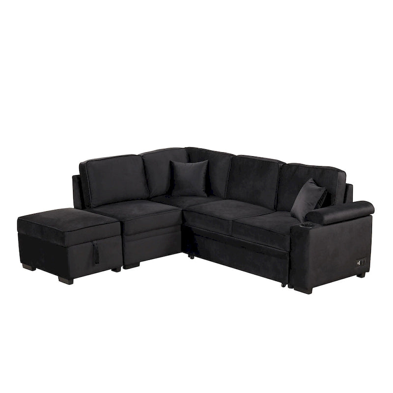 Canapé d'angle convertible en L, canapé inclinable avec 2 ports USB, 2 prises de courant et pouf de rangement mobile