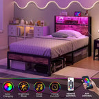 Cadre de lit double avec tête de lit de rangement, plateforme de lit en métal avec station de recharge, rangement bibliothèque, aucun sommier tapissier requis