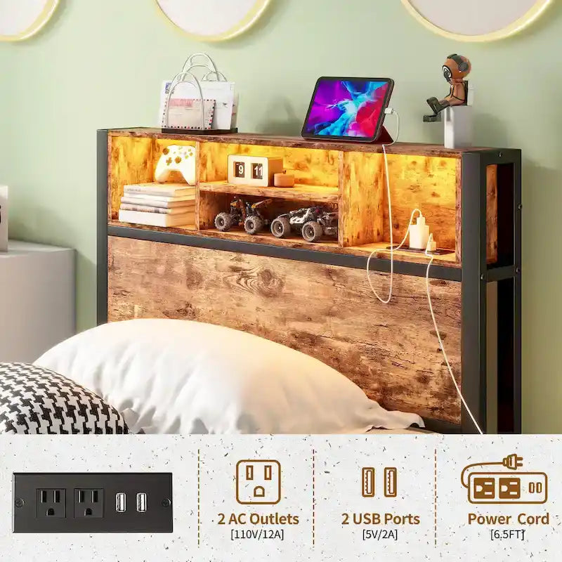 Cadre de lit double avec tête de lit de rangement, plateforme de lit en métal avec station de recharge, rangement bibliothèque, aucun sommier tapissier requis