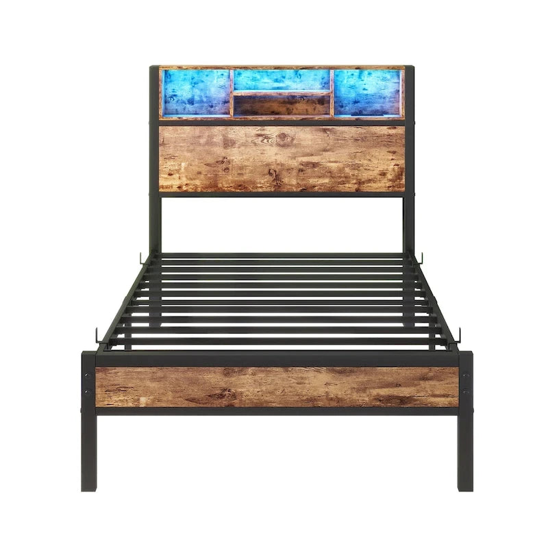 Cadre de lit double avec tête de lit de rangement, plateforme de lit en métal avec station de recharge, rangement bibliothèque, aucun sommier tapissier requis