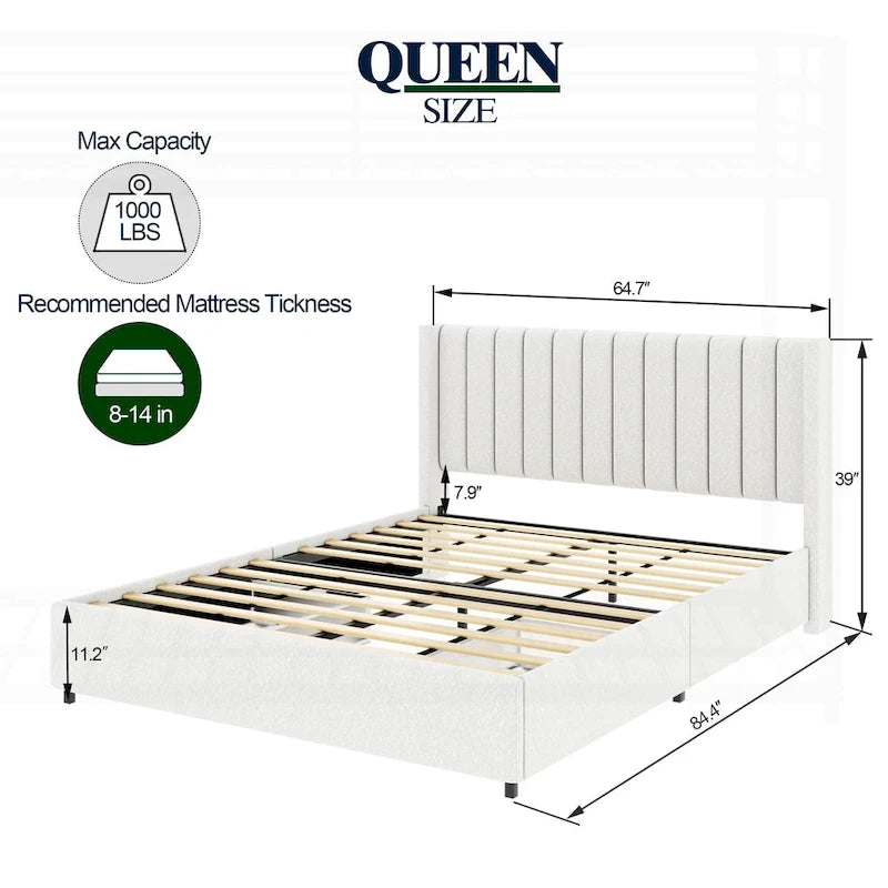 Lit plateforme capitonné de luxe avec deux tiroirs de rangement pour un confort ultime
