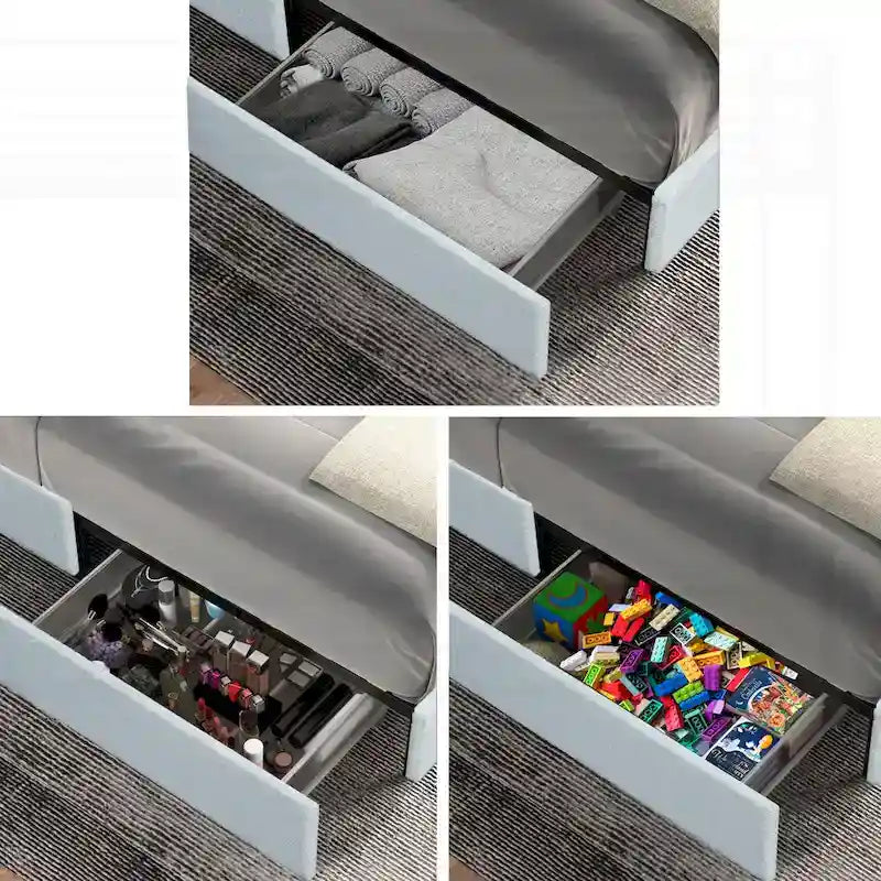 Lit plateforme capitonné de luxe avec deux tiroirs de rangement pour un confort ultime