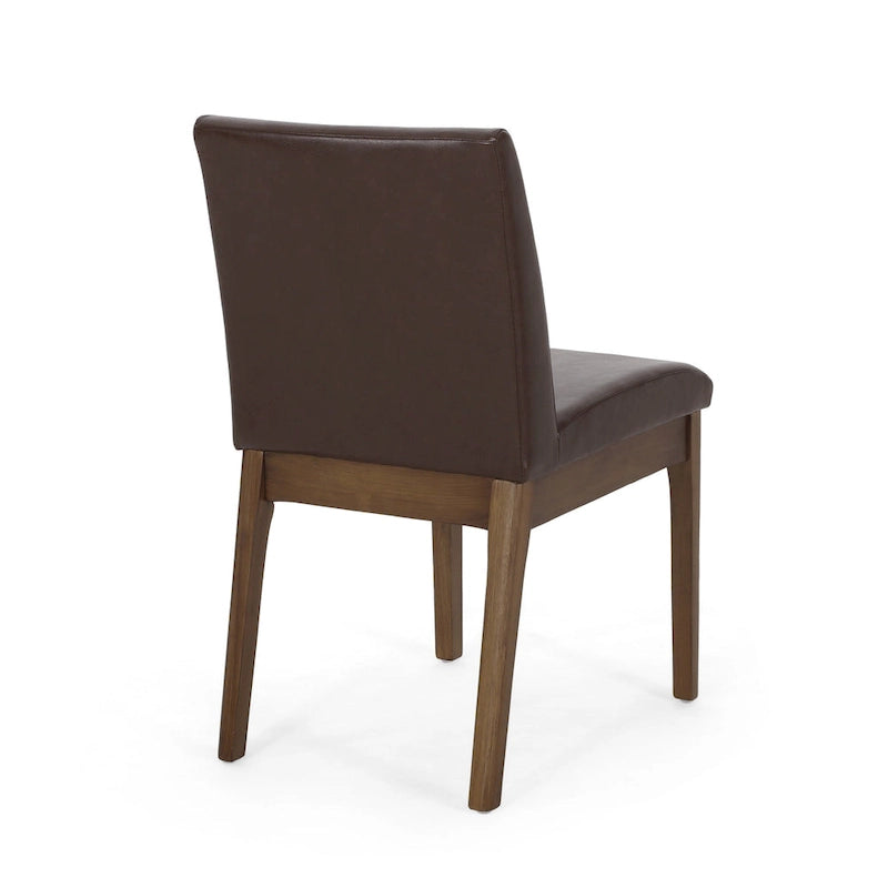 Chaise de salle à manger sans accoudoirs, Hévéa au grain naturel, Similicuir marron