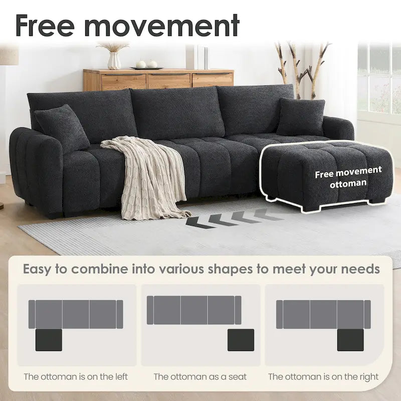 Canapé d'angle en tissu bouclé avec pouf mobile