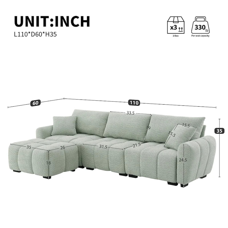 Canapé d'angle en tissu bouclé avec pouf mobile