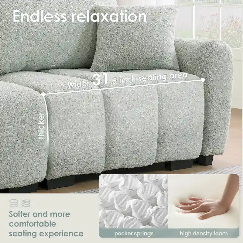 Canapé d'angle en tissu bouclé avec pouf mobile