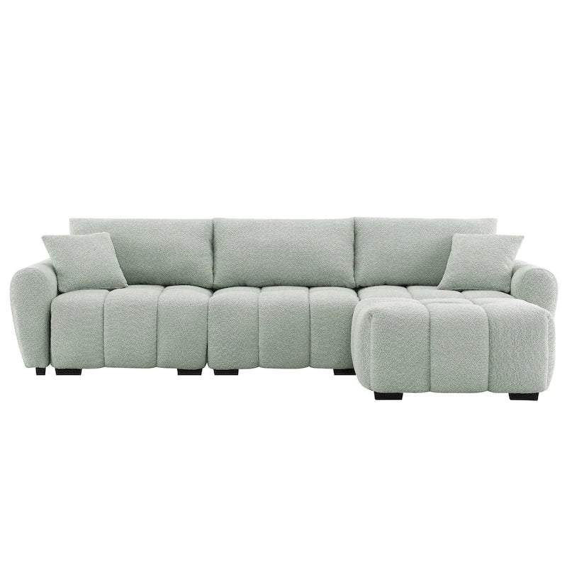 Canapé d'angle en tissu bouclé avec pouf mobile