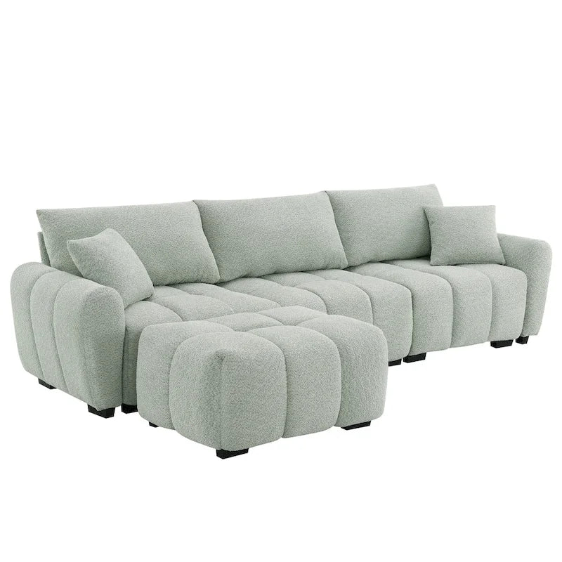 Canapé d'angle en tissu bouclé avec pouf mobile