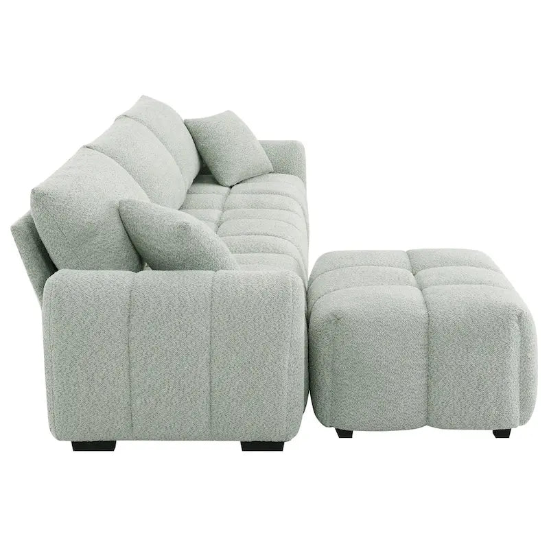 Canapé d'angle en tissu bouclé avec pouf mobile