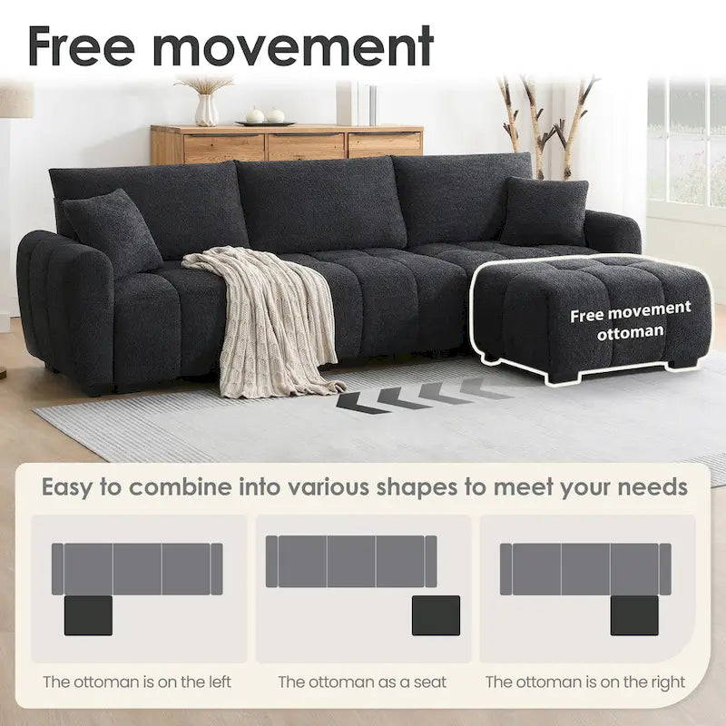 Canapé d'angle en tissu bouclé avec pouf mobile