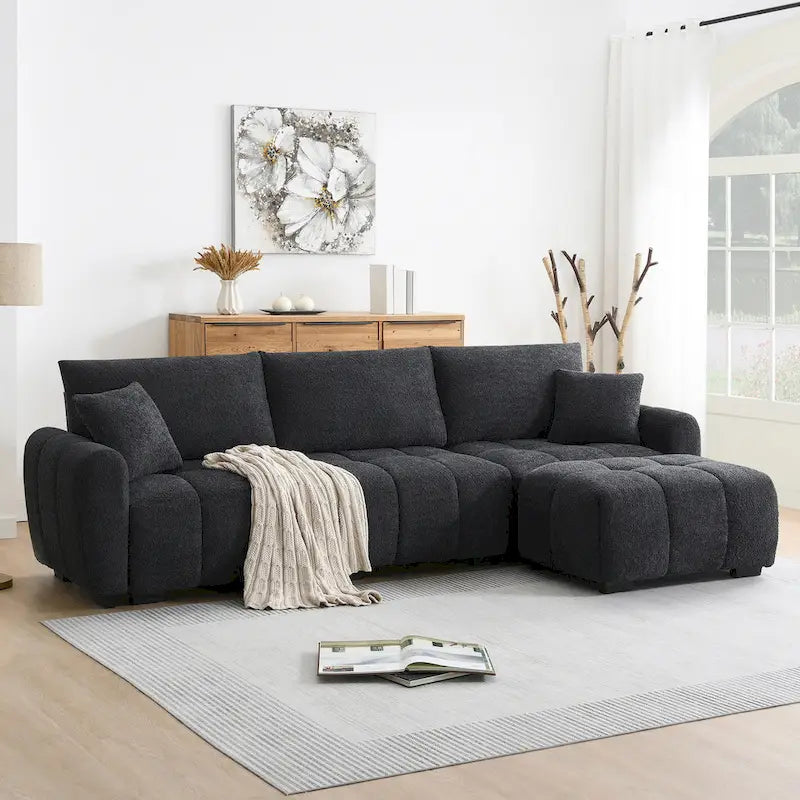 Canapé d'angle en tissu bouclé avec pouf mobile