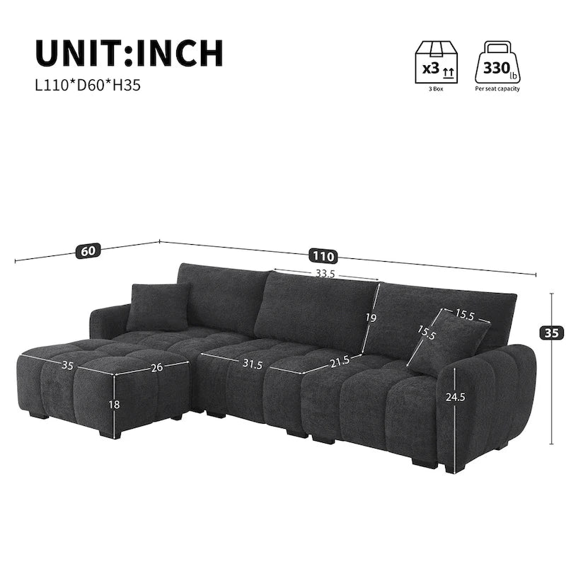 Canapé d'angle en tissu bouclé avec pouf mobile