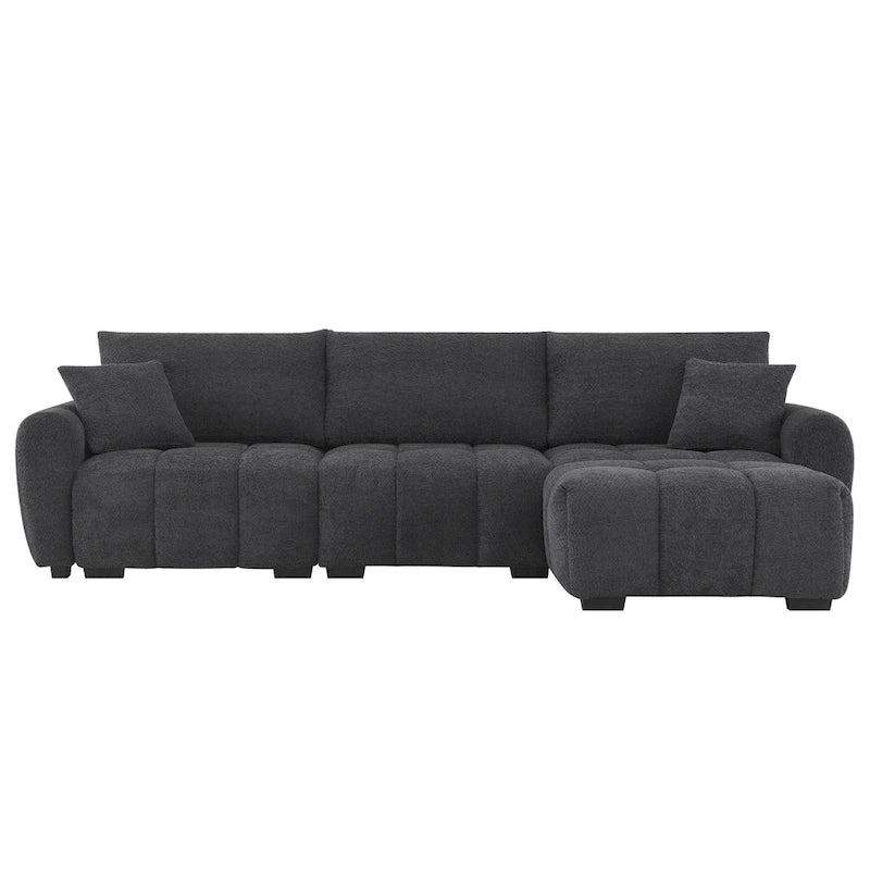 Canapé d'angle en tissu bouclé avec pouf mobile