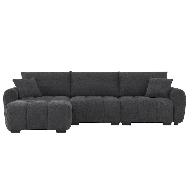 Canapé d'angle en tissu bouclé avec pouf mobile