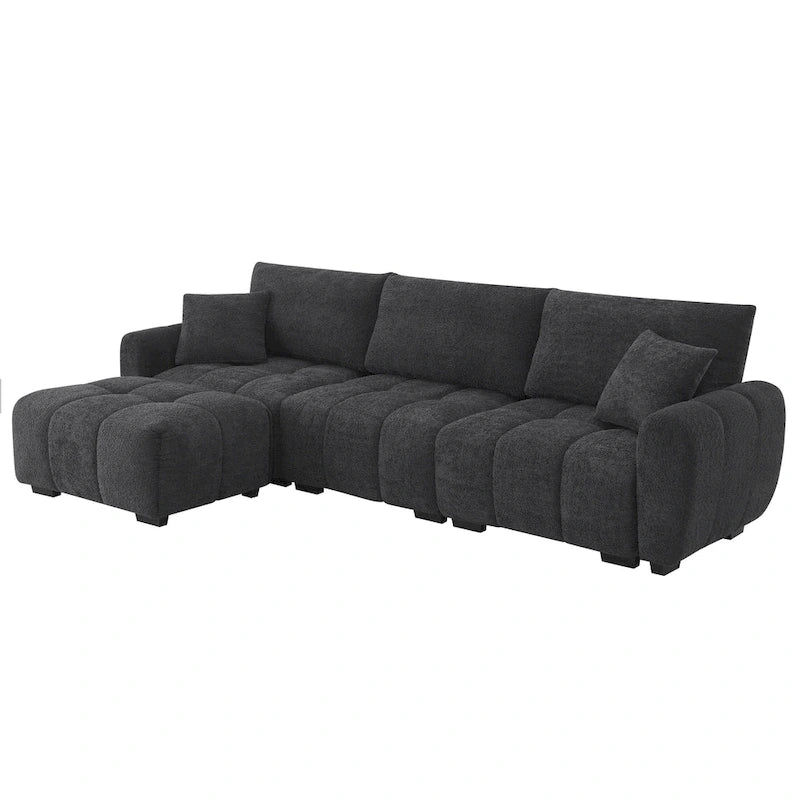 Canapé d'angle en tissu bouclé avec pouf mobile