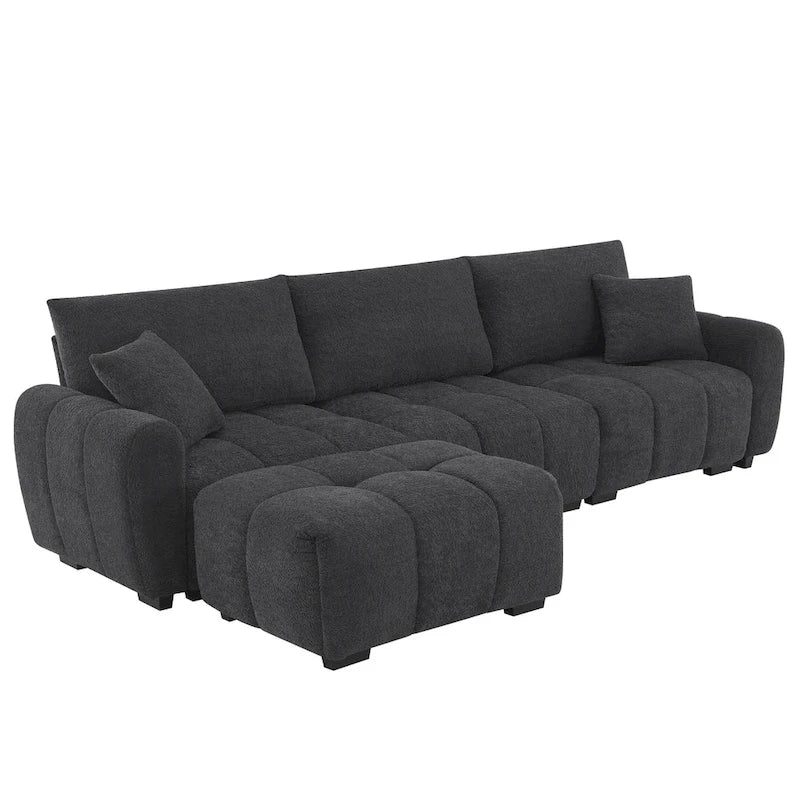 Canapé d'angle en tissu bouclé avec pouf mobile
