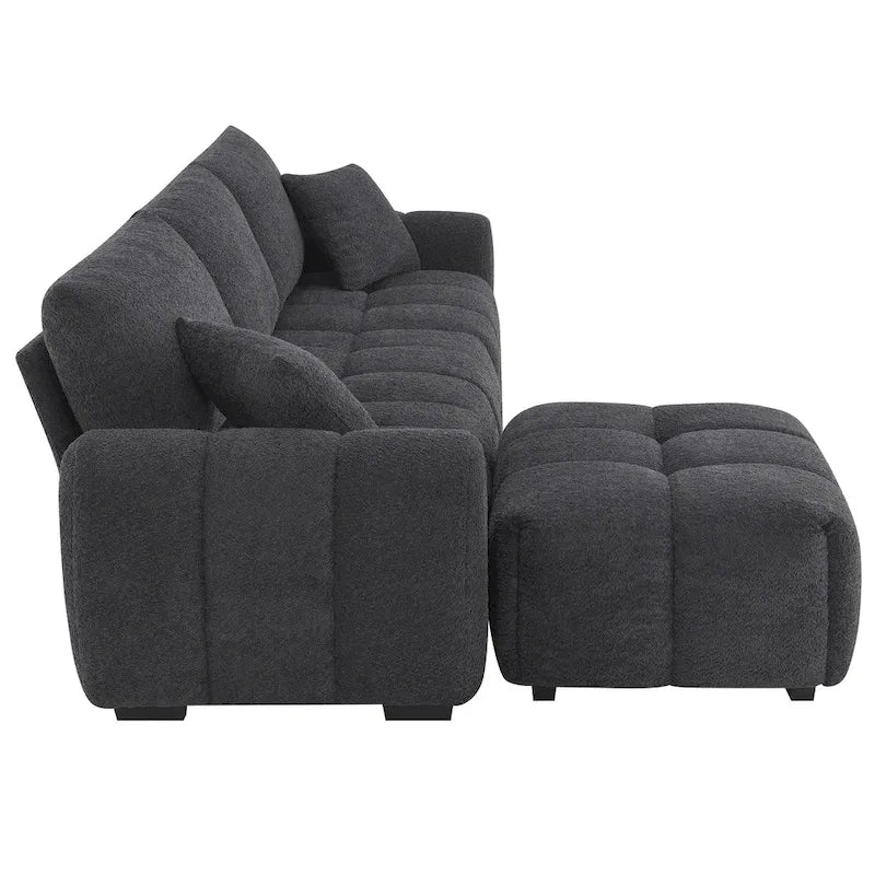 Canapé d'angle en tissu bouclé avec pouf mobile