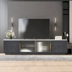 Meuble TV avec portes en verre pour téléviseur de 70 pouces, console multimédia avec 4 tiroirs, table de centre multimédia en bois avec grand placard de rangement