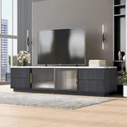 Meuble TV avec portes en verre pour téléviseur de 70 pouces, console multimédia avec 4 tiroirs, table de centre multimédia en bois avec grand placard de rangement