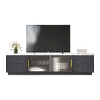 Meuble TV avec portes en verre pour téléviseur de 70 pouces, console multimédia avec 4 tiroirs, table de centre multimédia en bois avec grand placard de rangement