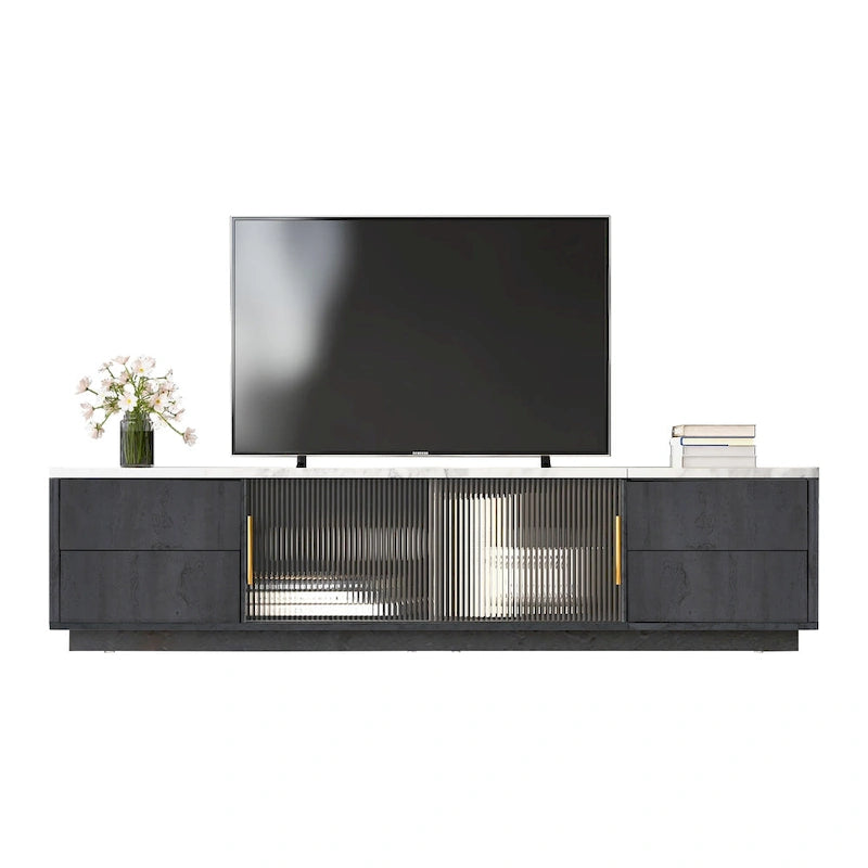 Meuble TV avec portes en verre pour téléviseur de 70 pouces, console multimédia avec 4 tiroirs, table de centre multimédia en bois avec grand placard de rangement