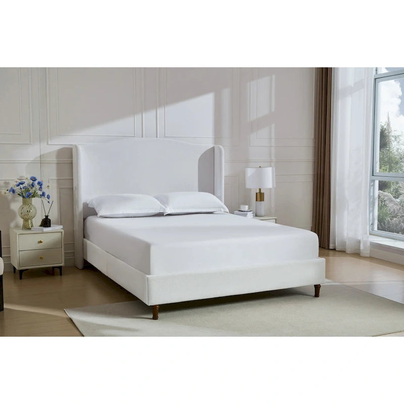 Lit King à dossier d'oreille rembourré | Tête de lit Camelback de 54 po | Chenille crème | 450 kg