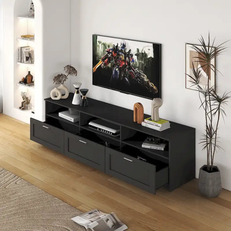 Meuble TV 180 cm | 3 étagères ouvertes et 3 tiroirs | Noir | Panneau haute densité | Compatible TV jusqu'à 80 pouces