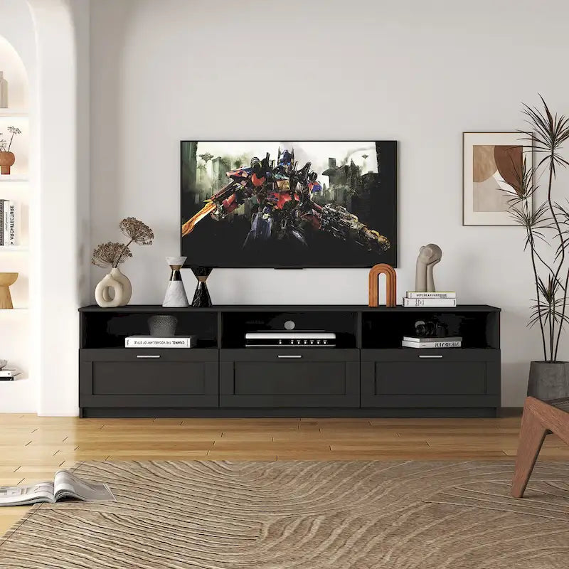Meuble TV 180 cm | 3 étagères ouvertes et 3 tiroirs | Noir | Panneau haute densité | Compatible TV jusqu'à 80 pouces